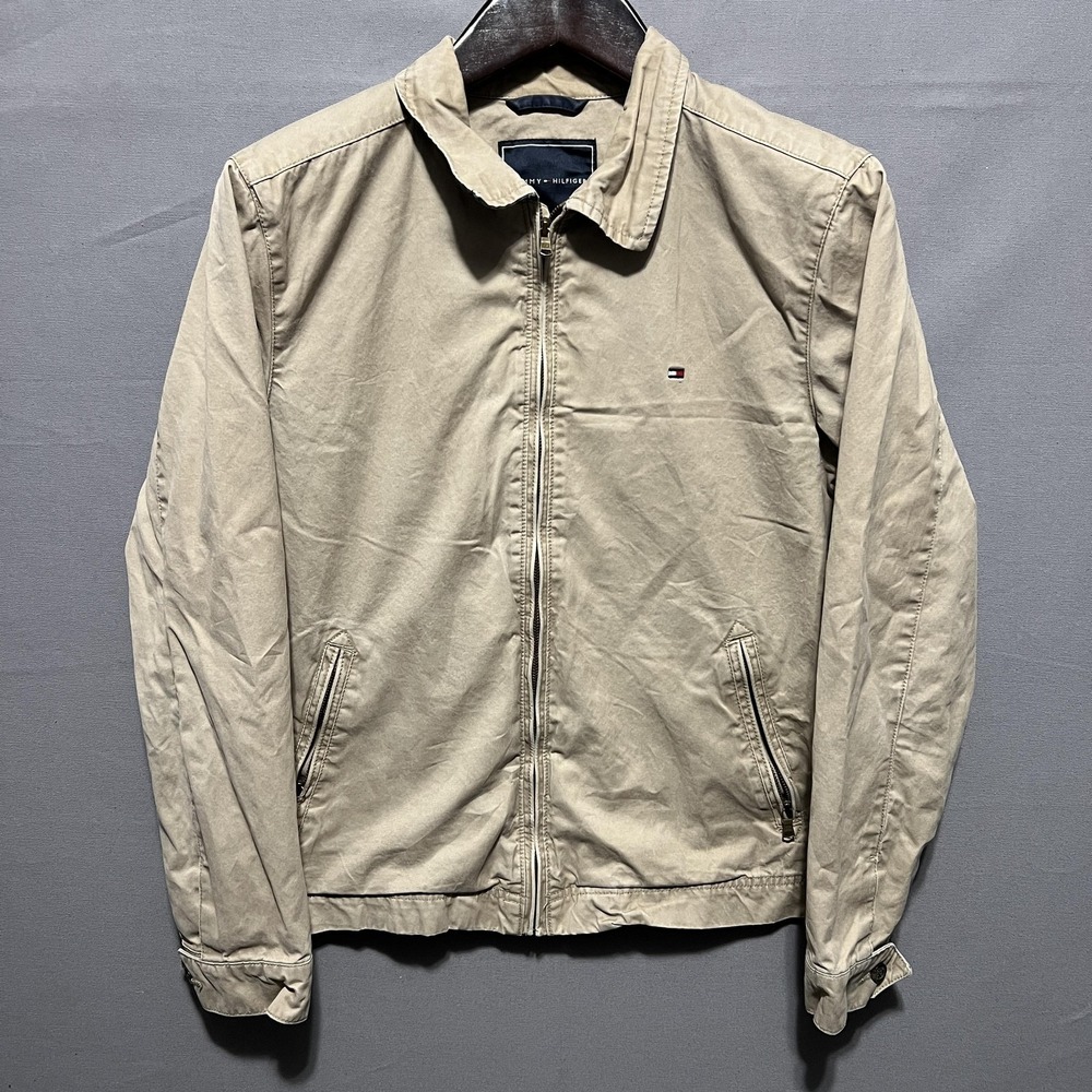 Tommy Hilfiger Jacket Mens Medium Beige Canvas Full Zip Bomber Lined Preppy
